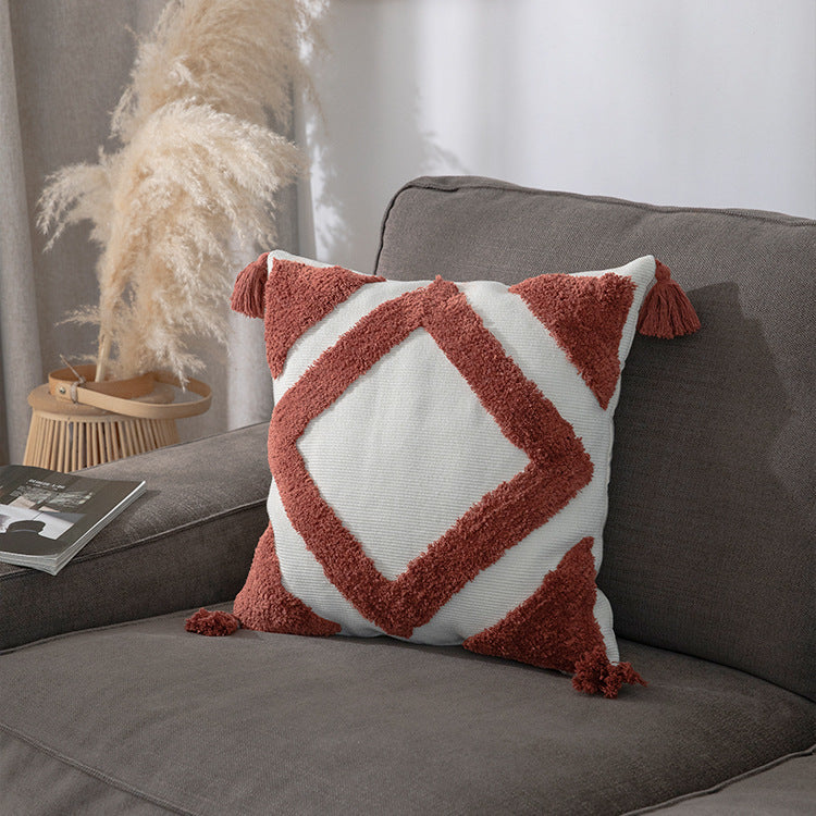 Woven decorative cushion cover with high pile, diamond tufting and tassels Kalsten