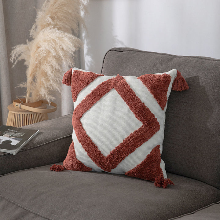 Woven decorative cushion cover with high pile, diamond tufting and tassels Kalsten