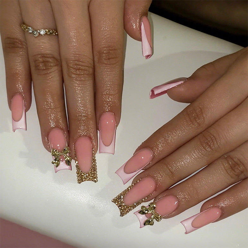 Decorative Press-On Nail Art Set with Elegant Bow and Gem Accents kalsten