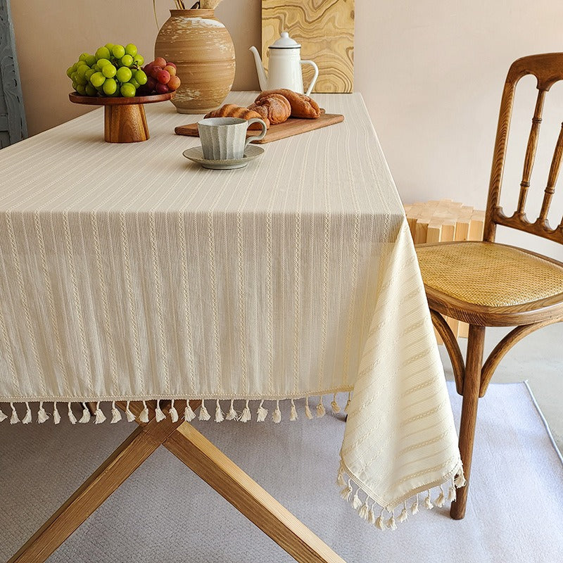 Rectangular Linen-Blend Tassel-Trim Dining Tablecloth with Scattered Dot Embroidery