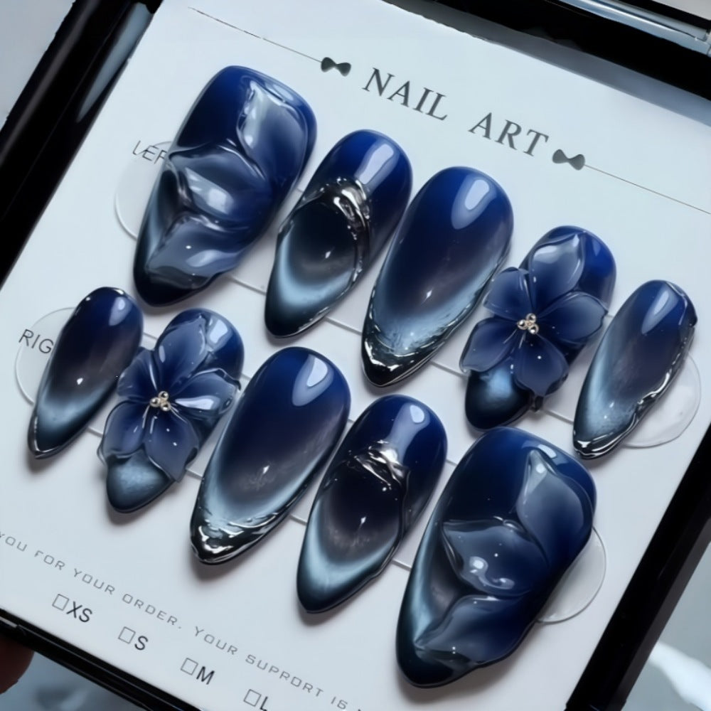 Acrylic Nail Set with Elegant Blue Ombre and Floral Design Kalsten