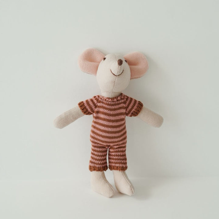 Handcrafted Mouse Plush Doll with Knitted Heart Sweater Pom-Pom Beanie and Gingham Trousers