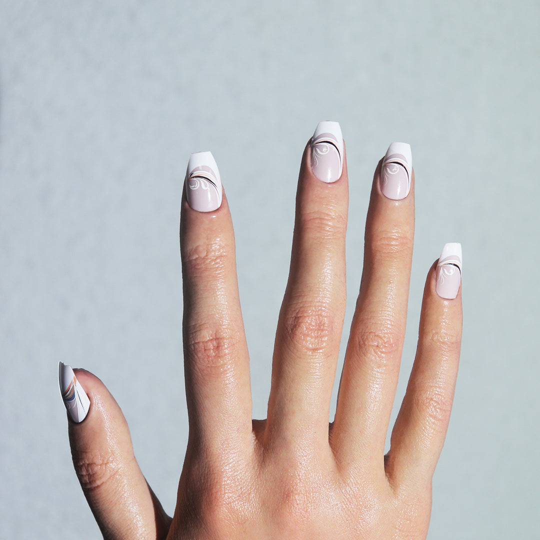 Decorative French Tip Press-On Nails with Artistic Swirl Design Kalsten