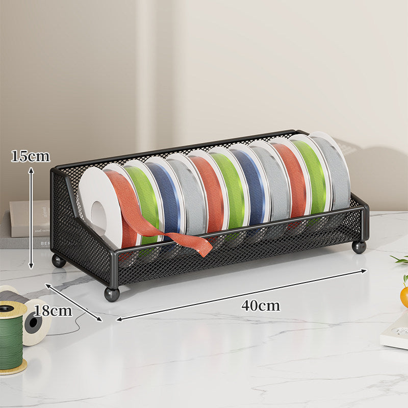 Metal Mesh Ribbon and Tape Spool Organizer with Integrated Scissor Slot