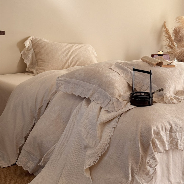 Bedding set made of cotton-linen with delicate jacquard texture and lace border