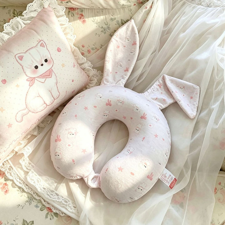Plush neck pillow for children with removable bunny ears and soft memory foam