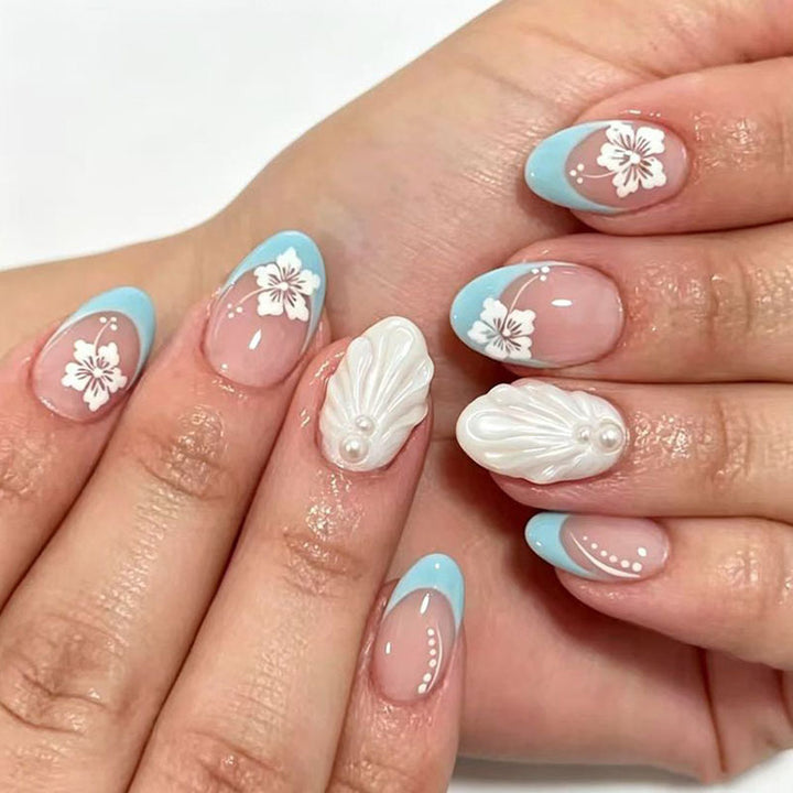 Decorative Press-On Nail Art Set with Floral and Shell Accents