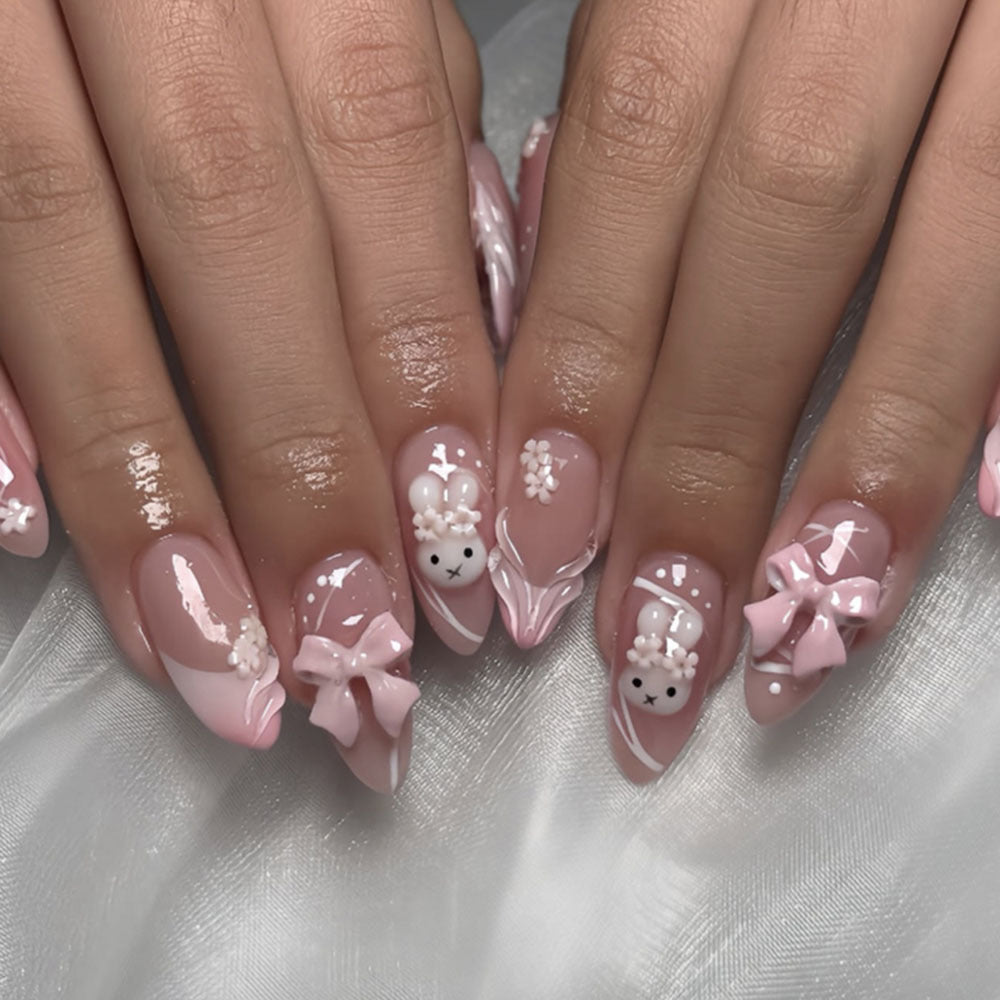 Decorative Press-On Nail Art Set with Cute Bow and Floral Embellishments