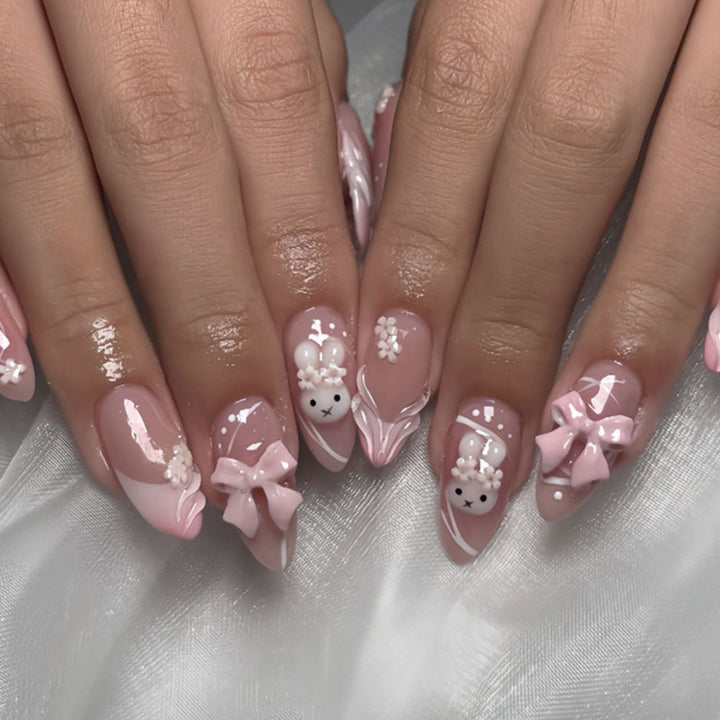 Decorative Press-On Nail Art Set with Cute Bow and Floral Embellishments