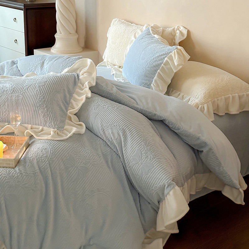Ruffled quilted bedding set with jacquard medallion and ruffle