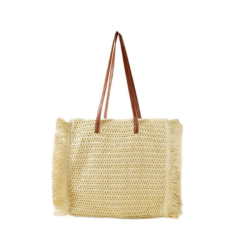 Large Woven Beach Bag with Fringes and Leather Handles Kalsten