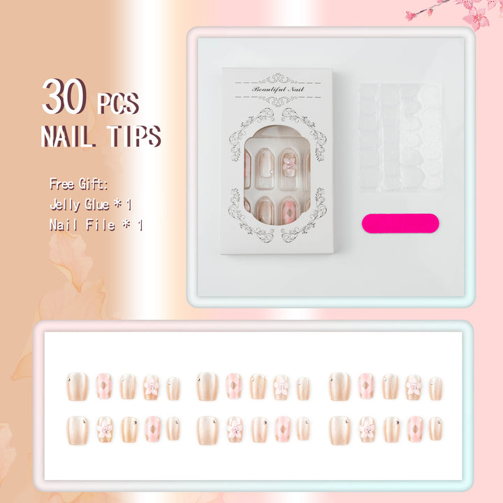 Artificial nail set with floral accents and glitter Kalsten