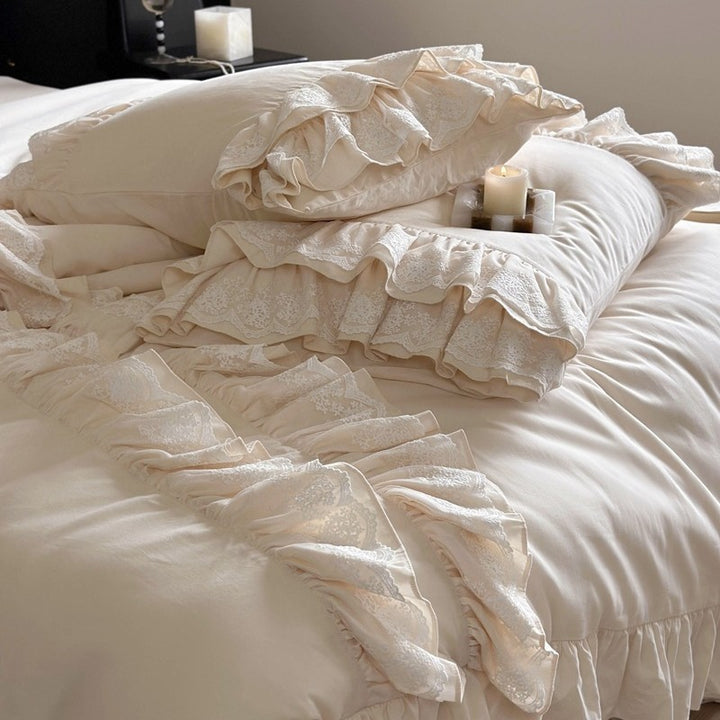 Vintage-inspired bedding set with ruffle trim and lace detailing