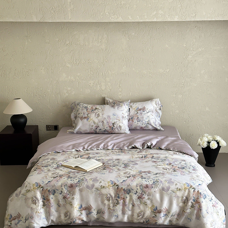 Luxurious satin bedding set with floral watercolor print and silky shiny finish