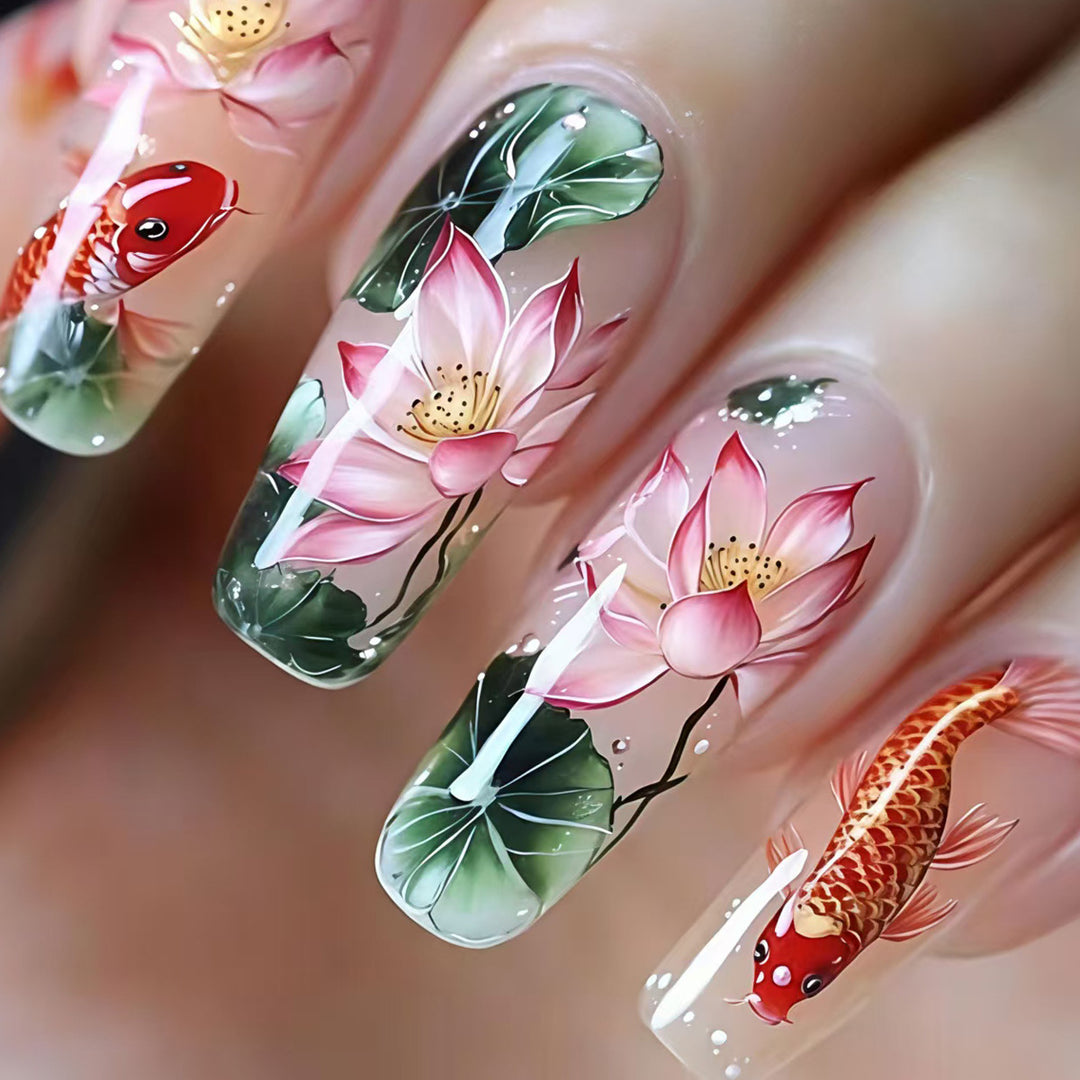 Artificial nails with floral lotus elements and koi pattern Kalsten