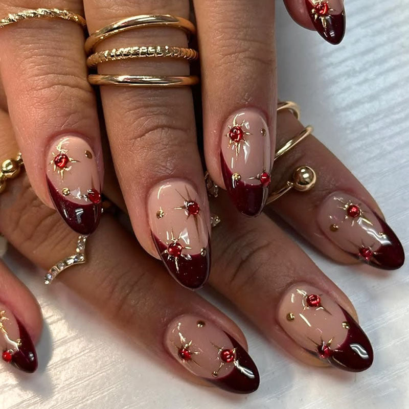 Artistic Press-On Nails with Floral and Gemstone Accents