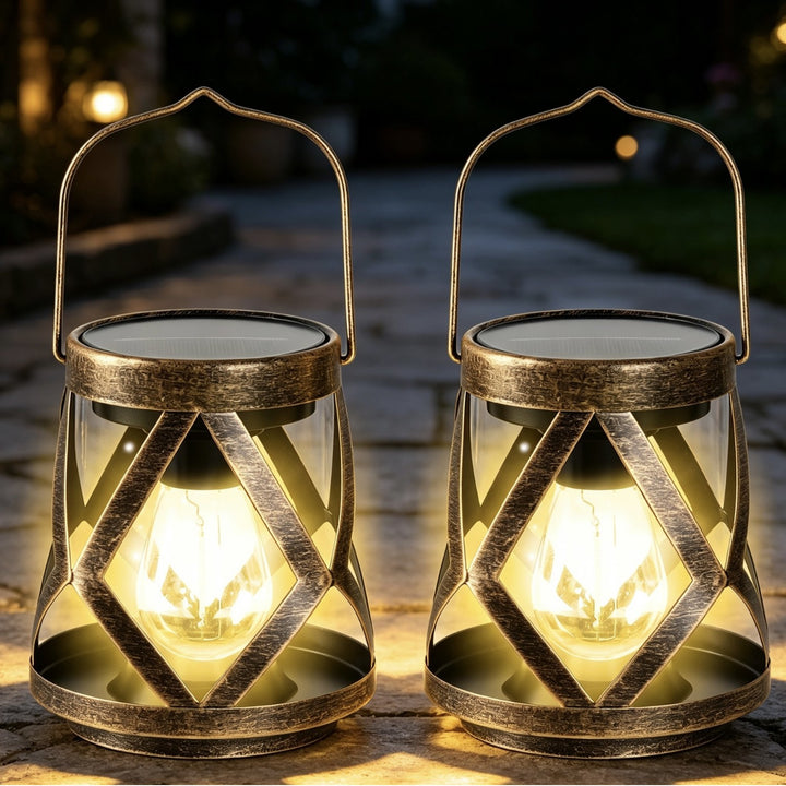 Portable Antique-Style Solar LED Lantern Pair With Built-In Solar Panel Hanging Handle And Weatherproof Metal Lattice Frame Kalsten