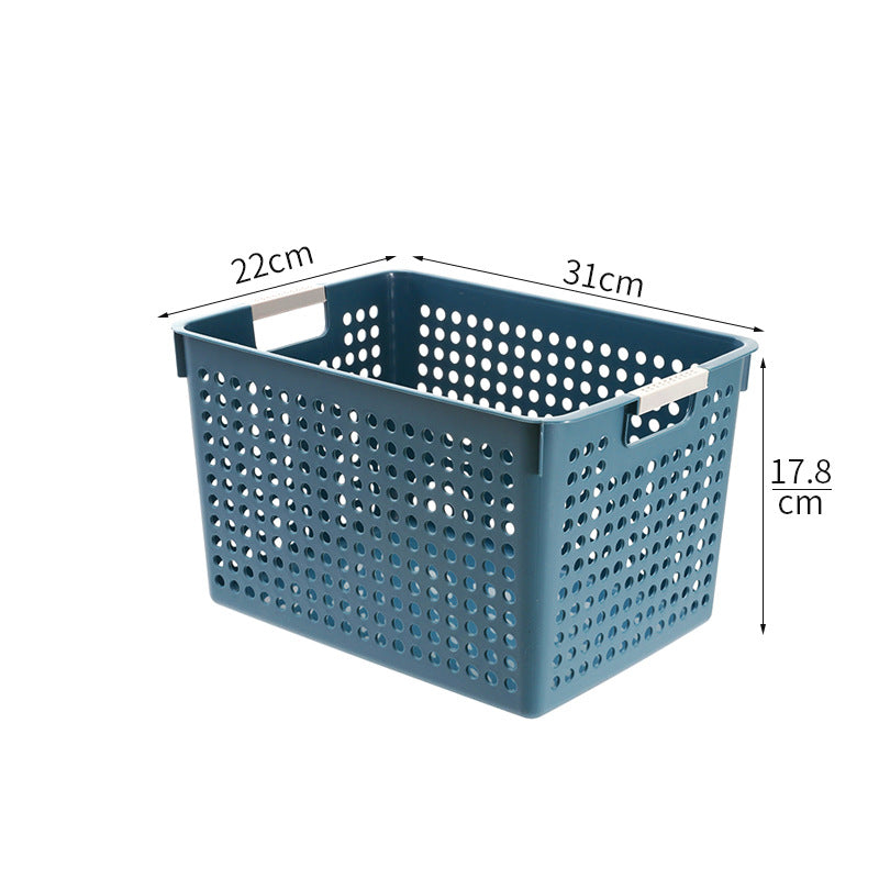 Flat plastic storage box with perforated side wall and grip recesses