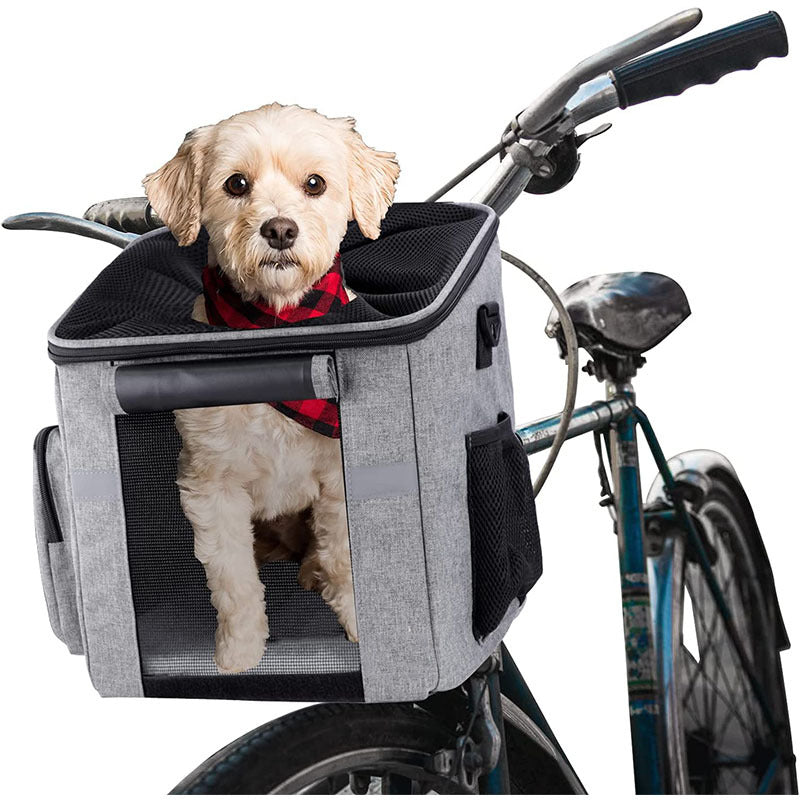 front-mounted reinforced pet bicycle carrier tote with structured frame mesh entry and removable washable liner Kalsten