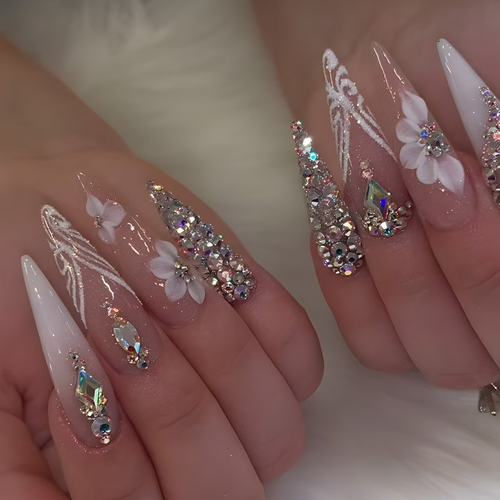 Decorative Stiletto Press-On Nails with Floral and Rhinestone Design Kalsten