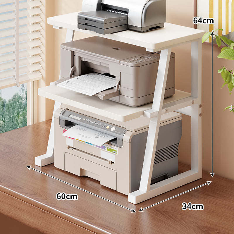 Adjustable Two-Tier Wood-Top Metal-Frame Desktop Printer Stand with Cable Management