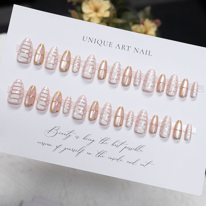 Elegant Press-On Nail Art Set with Gold Accents