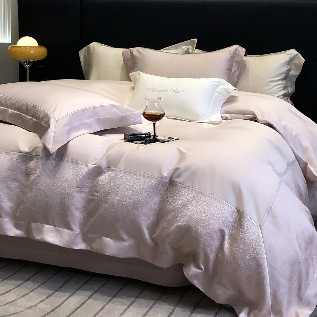 Premium cotton satin bedding set with structured matelassé border and hotel closure