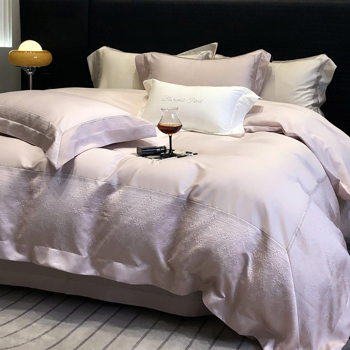 Premium cotton satin bedding set with structured matelassé border and hotel closure