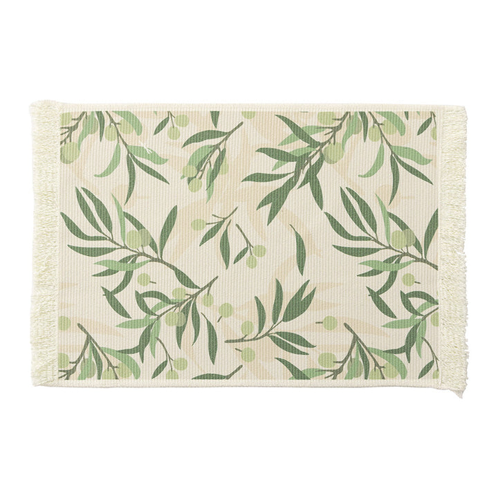 Woven table placemat made of cotton blend with olive branch print and decorative fringe edge