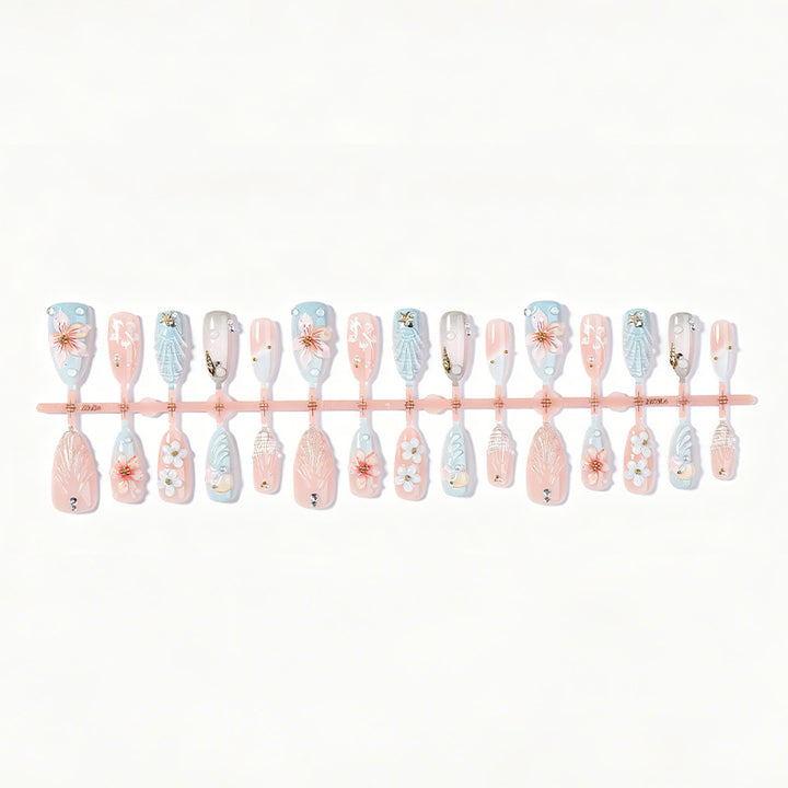 Artificial nail set with maritime motifs and colorful flowers Kalsten