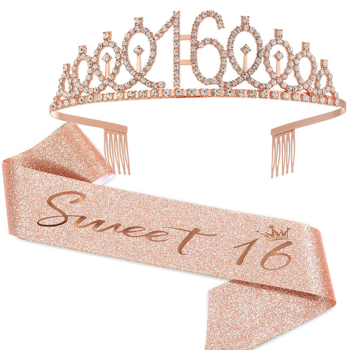 Girl Glittering Birthday Crown and Sash Set Kalsten