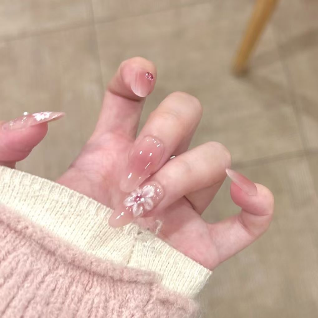 Flower-Decorated Long Stiletto Nail Extensions