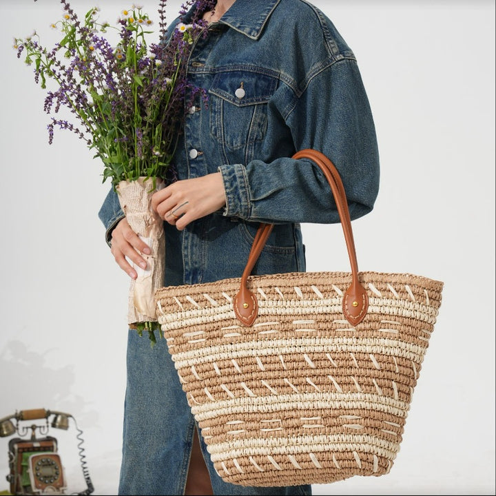 Decorative bast bag with sturdy leather handles Kalsten