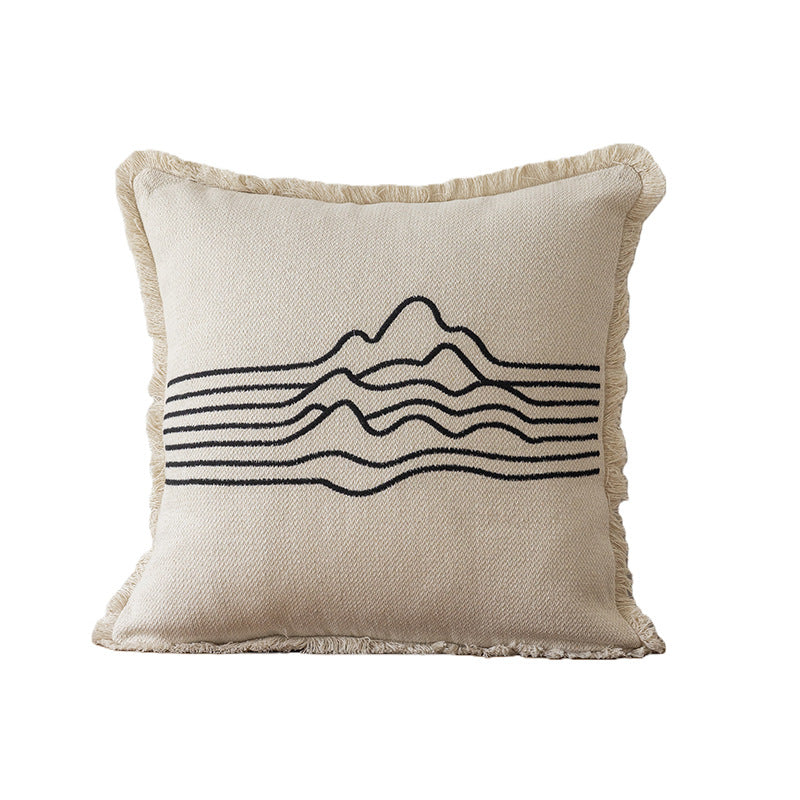 Decorative Embroidered Fish & Waves Fringe Throw Pillow with Linen-Blend Cover