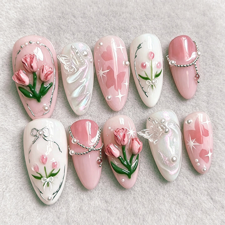 Floral-Themed Press-On Nail Art Set with 3D Elements Kalsten