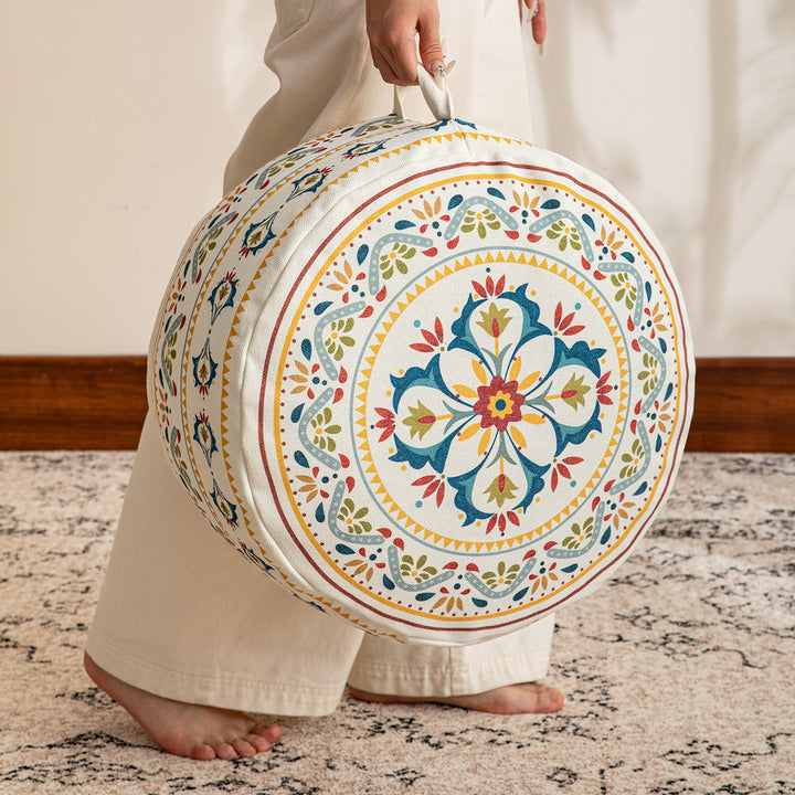 Round seat pouf with woven cotton cover and ethnic mandala print Kalsten