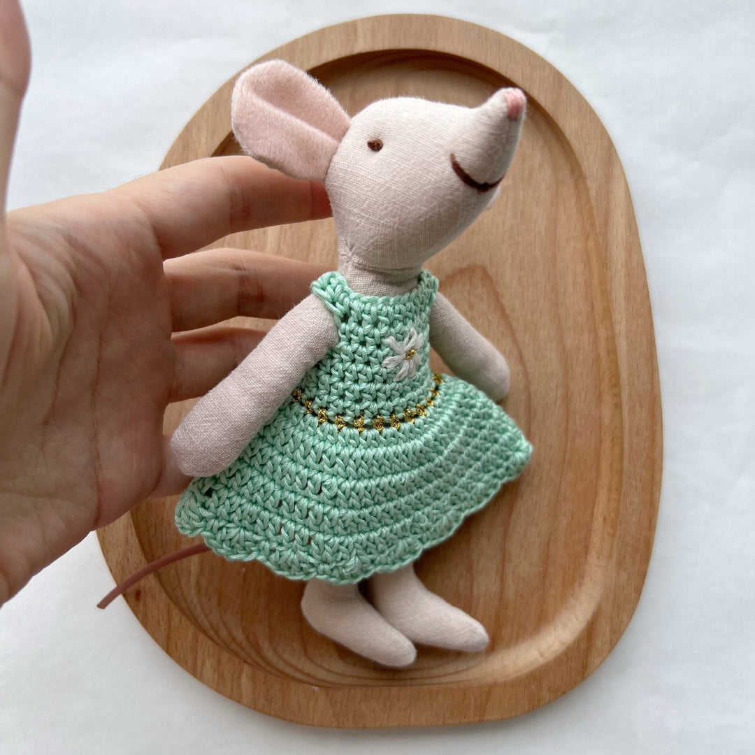 Handcrafted Cotton Plush Mouse Doll with Crochet Dress