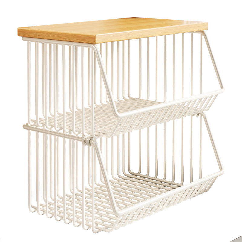 Countertop Wooden Top Metal Wire Fruit and Vegetable Storage Rack