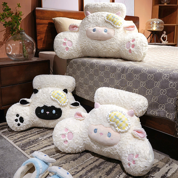 Plush lumbar and reading cushion in sheep shape with neck roll