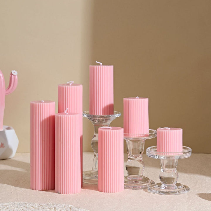 Textured Ribbed Short Pillar Candle with Slow-Burn Wax