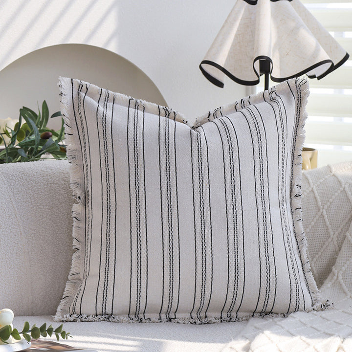 Square decorative cushion cover in linen-cotton blend with fine stripes and decorative fringed edge Kalsten