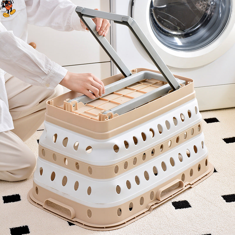 Collapsible laundry basket with wheels, ventilated sides and carrying handles