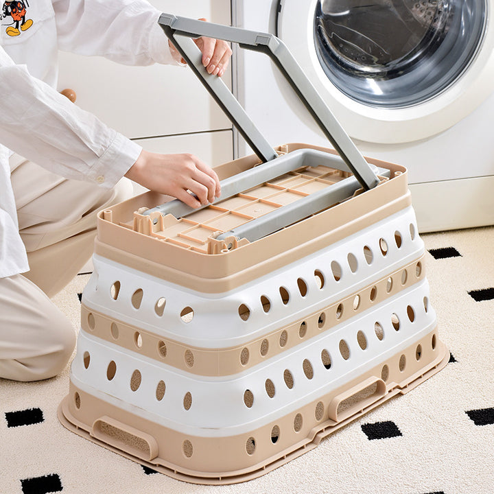 Collapsible laundry basket with wheels, ventilated sides and carrying handles