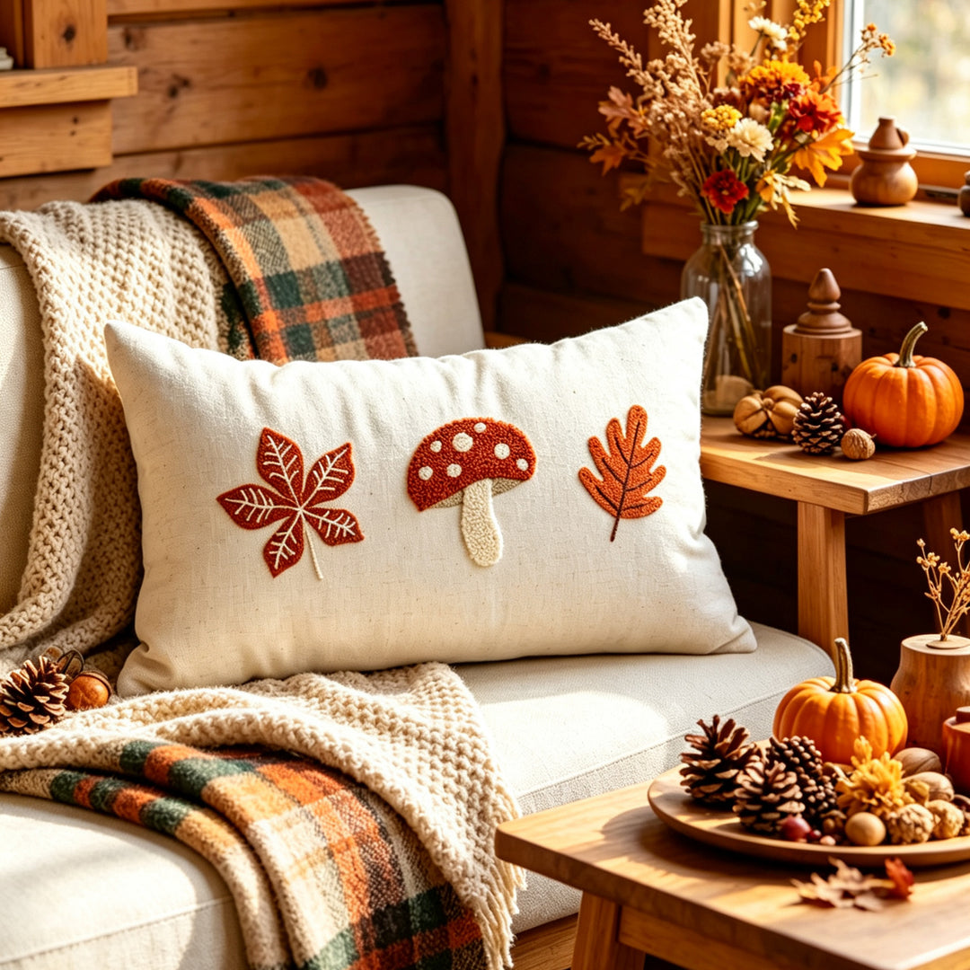 Embroidered Autumn Throw Pillow Cover with Mushroom and Leaf Appliqué