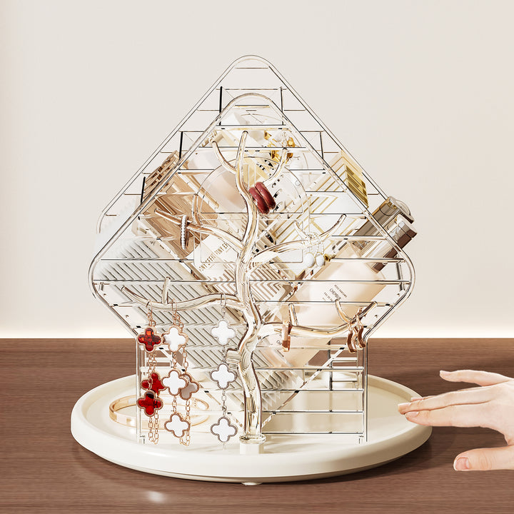 Rotating cosmetic organizer in house shape made of acrylic with lipstick holder and removable catch tray