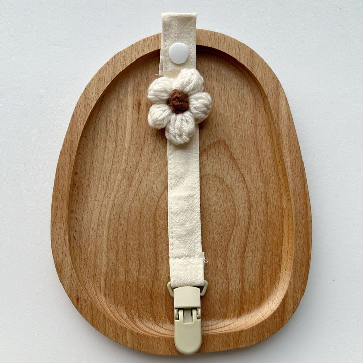 Crochet Flower Pacifier Clip with Cotton Strap