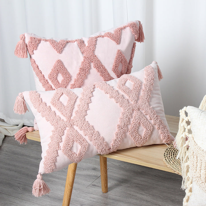 Decorative Boho Textured Lumbar Throw Pillow with Zigzag Tufted Crochet and Knotted Fringe