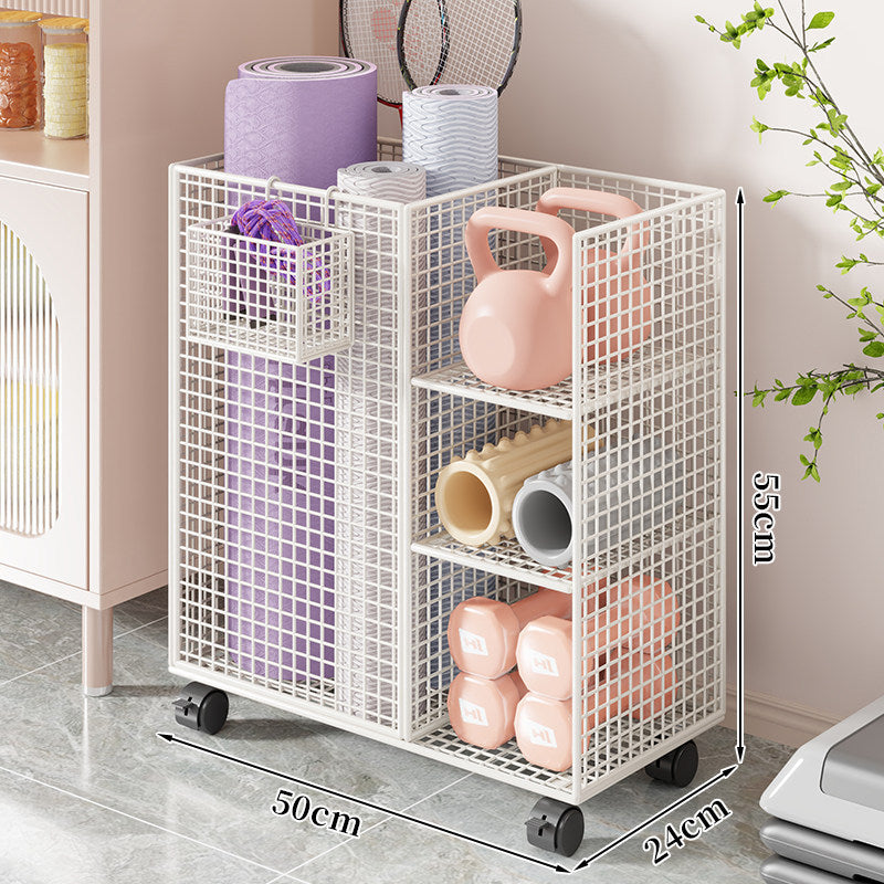Rolling Mesh Fitness Storage Cart with Vertical Yoga Mat Slot and Shelved Compartments