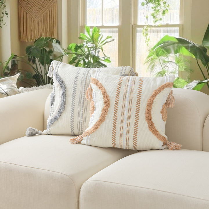 Structured decorative pillowcase with tassels and woven relief