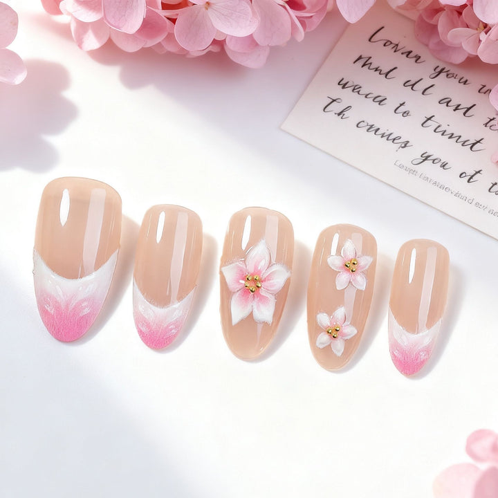 Acrylic nail set with elegant flower designs and delicate color gradients Kalsten